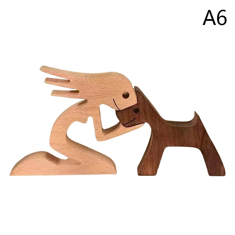 Family Puppy Wood Dog Craft Figurine Valentine'S Day Gift Carving Model Home Office Decoration Christmas Gift Couple Decoration