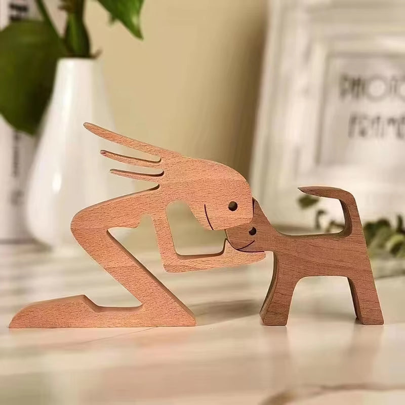 Family Puppy Wood Dog Craft Figurine Valentine'S Day Gift Carving Model Home Office Decoration Christmas Gift Couple Decoration
