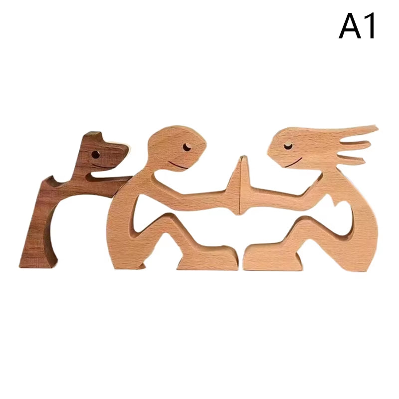 Family Puppy Wood Dog Craft Figurine Valentine'S Day Gift Carving Model Home Office Decoration Christmas Gift Couple Decoration