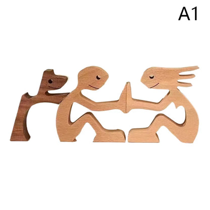 Family Puppy Wood Dog Craft Figurine Valentine'S Day Gift Carving Model Home Office Decoration Christmas Gift Couple Decoration