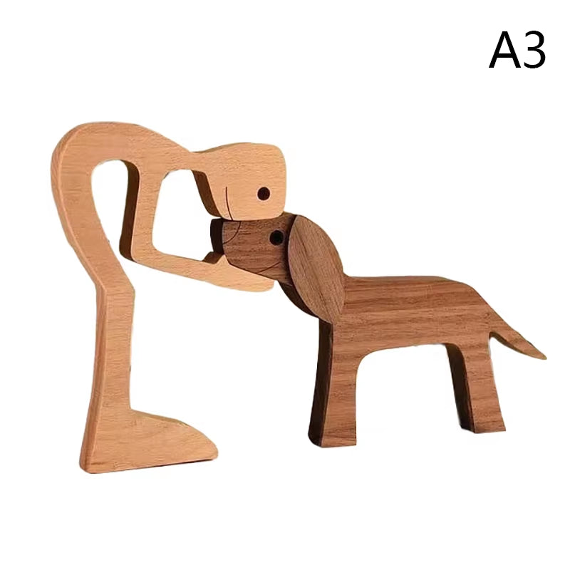 Family Puppy Wood Dog Craft Figurine Valentine'S Day Gift Carving Model Home Office Decoration Christmas Gift Couple Decoration