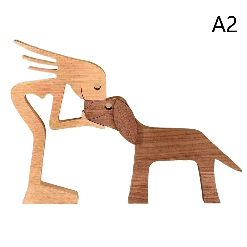 Family Puppy Wood Dog Craft Figurine Valentine'S Day Gift Carving Model Home Office Decoration Christmas Gift Couple Decoration